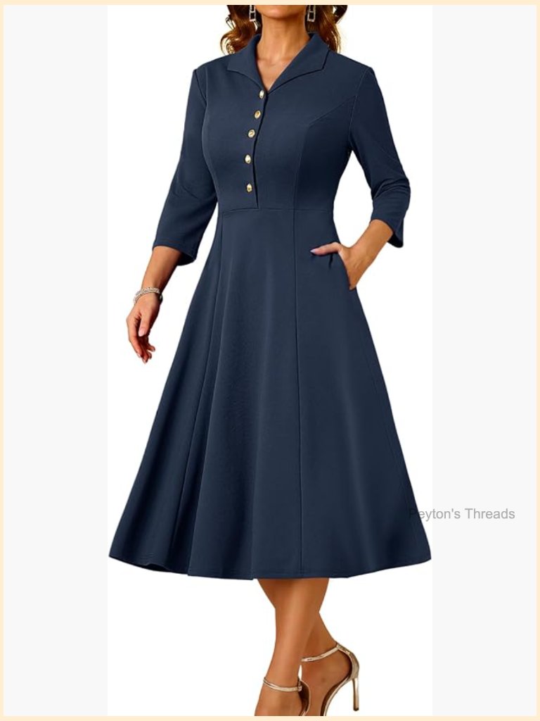 Women's Cocktail Dress With Pockets, 3/4 Sleeve V-Neck A-Line Midi Dress